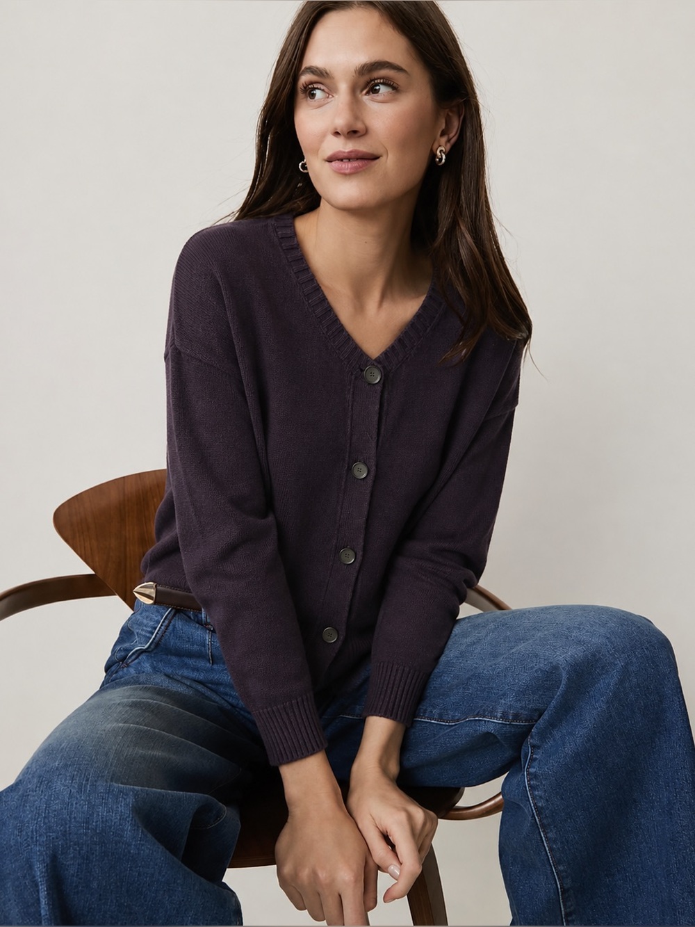 Ann Taylor Plum Purple Merino Wool V-Neck Button Cardigan Chunky Knit Sweater XL